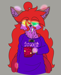 ahoge anthro big_hair breasts brown_ears clothed clothing container cup fangs female fur glowing glowing_ears glowing_eyes green_eyes hair heart_(marking) holding_container holding_cup holding_mug holding_object inner_ear_fluff looking_at_viewer markings mug multicolored_body multicolored_ears multicolored_fur purple_body purple_clothing purple_fur purple_inner_ear_fluff red_body red_ears red_fur red_hair sabertooth_(anatomy) solo teeth text tired tuft two_tone_body two_tone_ears two_tone_fur yellow_eyes robynsnowyfoxxo robyn_(robynsnowyfoxxo) canid canine felid fox hybrid mammal prehistoric_species saber-toothed_tiger 2021 absurd_res english_text hi_res demigirl_(lore) nonbinary_(lore) trans_(lore) trans_woman_(lore)
