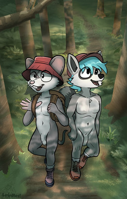 anthro backpack baseball_cap bucket_hat buckteeth casual_exposure casual_nudity clothing countershade_face countershade_fur countershade_legs countershade_torso countershading duo eye_through_hair fingerless_(marking) footwear footwear_only foreskin fur genitals glans grass grey_body grey_fur grey_hair hair hat headgear headwear hiking hiking_boots male male_anthro markings mostly_nude navel open_mouth outdoor_background outdoor_nudity outside path penis plant red_clothing red_hat red_headwear shadow snout social_nudity socks striped_body striped_fur striped_markings striped_tail stripes tail tail_markings teal_hair teeth translucent translucent_hair tree unretracted_foreskin wearing_backpack white_body white_clothing white_countershading white_footwear white_fur white_socks lewdles mammal murid murine procyonid raccoon rat rodent 2025 hi_res shaded signature
