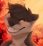 anthro brown_body brown_fur brown_nose fangs fur glistening glistening_eyes grin head_tuft looking_at_viewer male orange_eyes plant smile solo tan_body tan_fur teeth tree tuft corzh77 mammal mustelid otter bust_portrait hi_res portrait