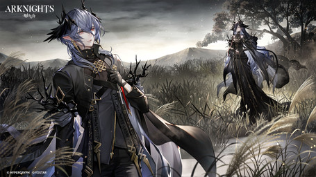 black_clothing black_hair bottomwear breasts cape clothing detailed_background duo female grass hair holding_object holding_pen horn humanoid_pointy_ears jacket looking_up male mountain night not_furry outside pants pen plant pointy_ears standing star topwear tree senano-yu arknights hypergryph studio_montagne laqeramaline_(arknights) logos_(arknights) humanoid 2024 absurd_res digital_media_(artwork) hi_res official_art