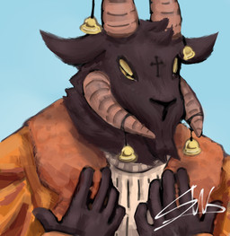 anthro bell clothing coat cross horn male mouthless orange_clothing orange_coat orange_topwear solo sweater topwear white_clothing white_sweater white_topwear deaf_cake beabadoobee this_is_how_tomorrow_moves bovid caprine caprine_demon demon goat mammal album_cover cover