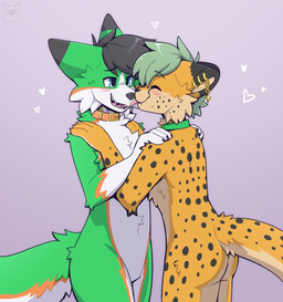 anthro black_nose blush cheek_tuft chest_tuft claws collar collar_only duo ear_piercing eyes_closed face_lick facial_tuft fur hair hand_on_another's_shoulder hand_on_shoulder heart_symbol licking looking_at_another male male/male markings nude open_mouth piercing short_hair simple_background snout spots spotted_body spotted_fur teeth tongue tuft fleurfurr canid canine cheetah felid feline mammal colored digital_drawing_(artwork) digital_media_(artwork) hi_res shaded