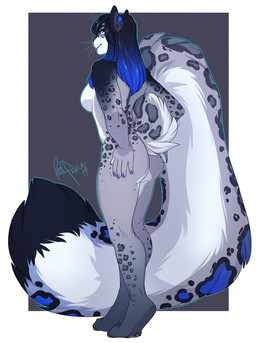 anthro breasts butt female looking_back nude simple_background smile solo standing whiskers redpixie felid mammal pantherine snow_leopard hi_res