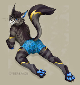 anthro balls_outline biped blue_eyes blue_pawpads bottomwear bulge bulge_from_behind butt cheek_tuft clothing detailed_bulge dipstick_tail ear_tuft facial_tuft floral_print fur furgonomic_underwear furgonomics genital_outline gold_stripes grey_body grey_fur looking_at_viewer looking_back male male_anthro markings pawpads presenting presenting_hindquarters solo spots tail tail_markings tight_bottomwear tight_clothing tuft underwear cyberspaceart sterling_(wolfgang2456) domestic_cat felid feline felis maine_coon mammal absurd_res hi_res