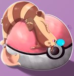 ambiguous_gender brown_body brown_fur eyes_closed feral fur open_mouth pokeball purple_background shadow simple_background sleeping solo thewizardstick nintendo pokemon furret generation_2_pokemon pokemon_(species) hi_res signature