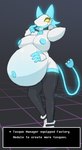 2021 4_fingers android anthro belly big_belly big_breasts blue_ears blue_hair blue_nipples blue_tail breasts bumpywish cable_tail darkner deltarune digital_media_(artwork) disembodied_hand domestic_cat electrical_cord electrical_plug electrical_plug_tail english_text eyelashes felid feline felis female fingers glowing hair hi_res hyper hyper_pregnancy long_tail machine mammal nipples pregnant pregnant_anthro pregnant_female pregnant_robot robot robot_anthro solo tail tasque_manager text undertale_(series)