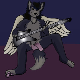 anthro balls bass_guitar fur genitals guitar hair male musical_instrument penis plucked_string_instrument rock_out_with_your_cock_out solo string_instrument wings thirstfur canid canine canis mammal wolf hi_res