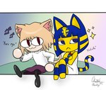 2021 :3 animal_crossing animal_humanoid ankha_(animal_crossing) anthro blonde_hair blue_eyes blue_hair bottomwear cat_humanoid chris-thekid clothed clothing colored crossed_arms crossover digital_drawing_(artwork) digital_media_(artwork) domestic_cat dress duo felid felid_humanoid feline feline_humanoid felis female frown fur hair hi_res humanoid light_body light_skin looking_at_viewer mammal mammal_humanoid neco-arc neco_spirit nintendo red_eyes shirt signature sitting skirt smile sparkles tail topwear tsukihime type-moon yellow_body