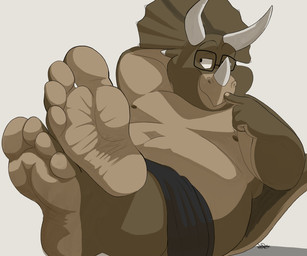 4_toes anthro barefoot eyewear feet foot_fetish foot_focus glasses male nerd overweight overweight_anthro overweight_male simple_background soles solo toes white_background dj-rodney ceratopsian ceratopsid chasmosaurine dinosaur marginocephalian ornithischian prehistoric_species reptile scalie triceratops hi_res