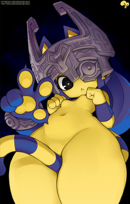 :< anthro armor black_background blue_ears blue_hair breasts clothing convenient_censorship cosplay crossover_cosplay featureless_breasts female fused_shadow gesture hair hand_gesture headgear headgear_only headwear helmet helmet_only looking_at_viewer looking_down looking_down_at_viewer low-angle_view markings mostly_nude navel one_eye_obstructed simple_background small_breasts solo standing striped_markings striped_tail stripes tail tail_between_legs tail_markings thick_thighs v_sign vambrace wide_hips yellow_body yellow_inner_ear krokobyaka animal_crossing nintendo the_legend_of_zelda twilight_princess ankha_(animal_crossing) midna domestic_cat felid feline felis mammal absurd_res crossover hi_res