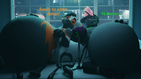 air_inflation antennae_(anatomy) anthro belly belly_expansion belly_inflation big_belly big_hands black_claws black_hair claws close_to_bursting competition competitive competitive_sex dialogue duo expansion facial_piercing fangs finger_claws fur furgonomics furniture furry-specific_piercing gloves_(marking) glowing green_eyes green_markings green_pawpads grey_body grey_fur gynomorph hair hose hose_in_butt hose_inflation huge_belly hyper hyper_belly hyper_inflation imminent_popping inflating inflation intersex intersex/male light living_room male markings moonlight muzzle_piercing night nose_piercing nose_ring orange_body orange_fur pawpads piercing pink_pupils pumping pupils purple_body purple_fur ring_piercing septum_piercing septum_ring simple_background smile sofa spikes teeth text white_body white_fur white_markings window wings vaqueroserg freya_(vaqueroserg) zothar_fangmeir arthropod bee felid gremlin hybrid hymenopteran insect mammal pantherine tiger tigerbee 16:9 3d_(artwork) digital_media_(artwork) english_text hi_res widescreen