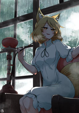 blonde_hair blush breasts chair clothed clothed_female clothed_humanoid clothing eyebrow_through_hair eyebrows female furniture hair hookah inner_ear_fluff inside navel_outline orange_eyes raining romper_suit sitting smoke smoking solo translucent translucent_hair tuft white_clothing white_inner_ear_fluff window scavia10 touhou tsukasa_kudamaki animal_humanoid canid canid_humanoid canine canine_humanoid fox_humanoid humanoid mammal mammal_humanoid hi_res