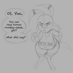 angry anthro big_breasts big_ears biped bottom_heavy breasts clothed clothing digitigrade female gesture hand_gesture hand_on_hip head_crest huge_breasts looking_at_viewer looking_up pointing pointing_at_self profanity shirt short_stack solo teeth text thick_thighs topwear wide_hips kabrro kila_ilo kila_ilo_(character) alien jukani mammal 1:1 digital_drawing_(artwork) digital_media_(artwork) english_text hi_res monochrome sketch