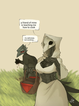 ambiguous_gender anthro basket big_breasts black_body breasts choker container duo female hooded_cloak jewelry mask necklace non-mammal_breasts picnic_basket text wearing_mask jmaf33r raven_(jmaf33r) avian bird corvid corvus_(genus) oscine passerine raven 3:4 english_text hi_res