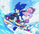 anthro clothing cloud day duo female footwear gloves green_eyes handwear jetski male shoes sky smile water yellow_eyes nanobutts sega sonic_the_hedgehog_(series) blaze_the_cat sonic_the_hedgehog eulipotyphlan felid feline hedgehog mammal 2021 hi_res