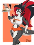 anthro big_breasts breasts clothing female female/female food hair hooters_uniform long_hair profanity solo text thick_thighs tight_clothing wide_hips pumpkinnaughty hooters briggite_shark fish marine shark 3:4 absurd_res english_text hi_res