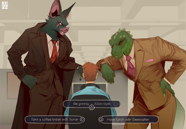 5_fingers accessory anthro athletic athletic_anthro athletic_human athletic_male barazoku bat_ear big_ears biped blue_clothing blue_shirt blue_topwear bottomwear brown_clothing brown_jacket brown_suit brown_topwear button_prompt choice choices clothed clothing colored_nails computer computer_desk dark_body dark_skin decision_making desk dialogue_box electronics fingers flirting formal_wear fully_clothed fur furniture gameplay_mechanics green_body green_scales green_skin grey_body grey_fur grey_skin group hair hand_on_hip happy human_on_anthro humor inside interspecies jacket larger_anthro larger_male light looking_at_another looking_down looking_down_at_another male male/male male_anthro male_human male_human/male_anthro mature_anthro mature_male mouth_closed nails necktie office office_desk pants paper pink_necktie pink_snout red_necktie scales shirt sitting size_difference smile spikes standing suit suit_jacket table tail teeth teeth_showing text topwear trio white_body white_nails ekzonzz dispatch robert_robertson_(dispatch) sonar_(dispatch) sweetalker_(dispatch) bat dinosaur human mammal prehistoric_species reptile saurischian scalie theropod tyrannosaurid tyrannosauroid tyrannosaurus tyrannosaurus_rex 2026 absurd_res colored digital_drawing_(artwork) digital_media_(artwork) english_text hi_res lighting