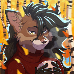 anthro autumn brown_body brown_fur brown_hair clothing container cup female fur hair inner_ear_fluff jacket mug red_clothing red_jacket red_topwear smile steam topwear tuft omzzimeow canid canine fox mammal 1:1 hi_res