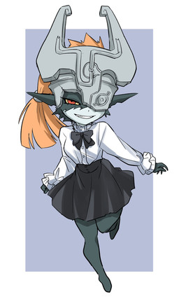 alternate_costume armor barefoot biped bottomwear bow_tie breasts button_(fastener) classy clothed clothing collared_shirt dress_shirt eyelashes fancy_clothing fangs featureless_feet feet female frilly frilly_clothing frilly_shirt frilly_topwear front_view fully_clothed fused_shadow grin hair half-closed_eyes headgear helmet humanoid_pointy_ears medium_breasts narrowed_eyes not_furry one_eye_obstructed one_leg_up orange_hair pleated_skirt pointy_ears ponytail raised_leg red_eyes shirt simple_background skirt smile smiling_at_viewer smirk smirking_at_viewer solo teeth topwear yellow_sclera ilo_a5 nintendo the_legend_of_zelda twilight_princess midna humanoid imp twili 2024 digital_drawing_(artwork) digital_media_(artwork) full-length_portrait hi_res portrait