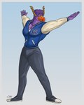 anthro beak big_pecs body_hair bottomwear chest_hair clothed clothing footwear hair horn jacket jock letterman_jacket looking_at_viewer male mullet muscular muscular_anthro muscular_male orange_beak pants pecs purple_body purple_hair raised_arms shoes simple_background smile solo standing topwear wide_stance krowbutt disney monsters_inc monsters_university pixar brock_pearson avian monster digital_media_(artwork) hi_res