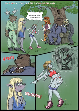 anthro blonde_hair blue_eyes butt clothing corporal_punishment dialogue female footwear forest group hair high_heels judge judgement male plant shoes text tree gesperax bear canid canine canis deer domestic_rabbit dwarf_rabbit fox lagomorph leporid mammal moose new_world_deer oryctolagus rabbit true_fox wolf comic english_text hi_res