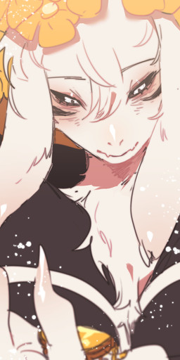ambiguous_anthro ambiguous_gender anthro black_clothing black_markings black_robe black_sclera chest_tuft claws clothed clothing eyelashes finger_claws floppy_ears flower flower_crown front_view fur head_tuft holding_jewelry holding_necklace holding_object jewelry kemono locket markings monotone_body monotone_fur necklace plant pupils robe solo tuft white_body white_claws white_ears white_eyes white_fur koyashaka undertale undertale_(series) asriel_dreemurr_(god_form) boss_monster_(undertale) bovid caprine goat mammal 2023 bust_portrait colored digital_media_(artwork) hi_res portrait shaded