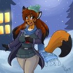 anthro beverage breasts building clothed clothing coat female fully_clothed hat headgear headwear house scarf snow solo topwear phuufy fulvus canid canine felid fox hybrid mammal pantherine tiger 1:1 absurd_res hi_res