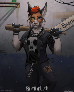 anthro bandage bandage_on_face bandage_on_nose bangs belt blood bodily_fluids bone bottomwear building chain chain_collar cigarette clothing collar denim denim_bottomwear denim_clothing fur gloves grumpy hair handwear jeans leather leather_clothing leather_gloves leather_handwear male pants piercing red_body red_fur red_hair skull skull_symbol smoking solo spots text torn_bottomwear torn_clothing torn_jeans torn_pants tube white_body white_fur yellow_eyes xleb0rezka felid feline lynx mammal hi_res russian_text