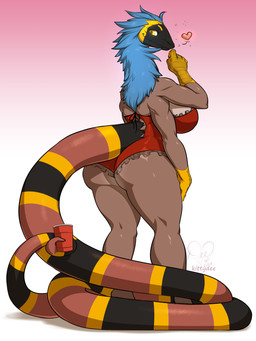 anthro big_breasts big_butt black_body black_scales blue_hair breasts brown_body brown_scales bubble butt clothed clothing container cup curvy_figure drunk drunk_bubble female hair heart_symbol huge_breasts long_hair multi_arm multi_limb non-mammal_breasts pink_background rear_view red_body red_scales scales side_boob simple_background smile solo stripes substance_intoxication text thick_thighs voluptuous white_background yellow_body yellow_eyes yellow_scales kittydee coral_snake elapid_(snake) hybrid reptile scalie snake 2016 3:4 digital_media_(artwork) english_text hi_res shaded signature watermark