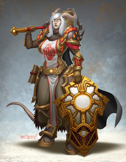 armor belt big_breasts book bottomwear breasts clothing female gloves hair handwear holding_melee_weapon holding_object holding_weapon horn melee_weapon not_furry pants pauldron shield simple_background solo tabard tail weapon white_hair vanharmontt blizzard_entertainment warcraft draenei humanoid 2025 absurd_res digital_media_(artwork) hi_res