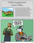 anthro beverage coffee dialogue group humor male speech_bubble text nisharu canid canine canis civet mammal viverrid wolf 4:5 comic english_text flat_colors hi_res