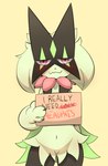 anthro bedroom_eyes blush featureless_crotch female front_view holding_object holding_sign looking_at_viewer narrowed_eyes navel nude petting_request requesting scratched_out_text seductive sex_request sign simple_background solo standing text klydewitakay nintendo pokemon generation_9_pokemon meowscarada pokemon_(species) english_text hi_res