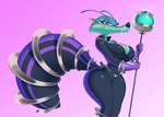 2023 alien antennae_(anatomy) anthro big_breasts big_tail blue_sky_studios breasts clothing curvy_figure daxzor eyelashes eyeshadow fangs female fur gloves green_body green_fur handwear hi_res hourglass_figure ice_age_(series) looking_at_viewer makeup mammal purple_background purple_clothing purple_eyes purple_gloves purple_handwear rodent sabertooth_(anatomy) sciurid scratazon scratazon_leader simple_background smile smirk solo staff tail teeth thick_thighs tight_clothing wide_hips