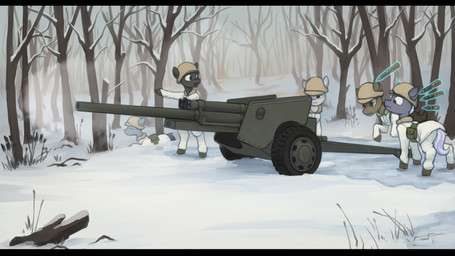 ambiguous_gender armor binoculars black_bars cannon clothed clothing detailed_background feral forest gesture group hand_gesture headgear helmet horn looking_at_another looking_at_object magic male military plant pointing ranged_weapon saddle_bag snow soldier standing tree warrior weapon winter world_war_2 marsminer hasbro my_little_pony mythology earth_pony equid equine horse mammal mythological_creature mythological_equine pony unicorn 16:9 hi_res letterbox widescreen