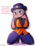 anthro arm_under_breasts belt big_breasts blush breasts clothing dialogue ears_down exclamation_point female fur grey_body grey_fur hat headgear headwear kneeling long_ears looking_at_viewer open_mouth pink_nose pivoted_ears police police_officer police_uniform purple_eyes solo teeth text thick_thighs toeless_legwear uniform wide_hips crossxvii disney zootopia judy_hopps lagomorph leporid mammal rabbit 2023 3:4 absurd_res english_text hi_res signature