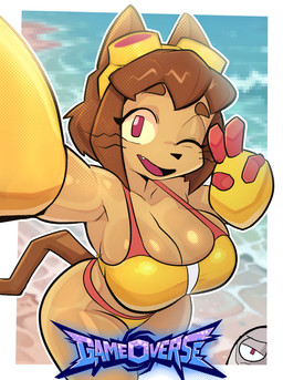 anthro beach big_breasts bikini bikini_bralette biped breasts brown_hair cleavage clothed clothing eyelashes female hair looking_at_viewer one_eye_closed pupils smile solo swimwear tail two-piece_swimsuit whiskers wink yellow_bikini yellow_clothing yellow_swimwear illustratorfake gameoverse glitch_productions kaboodle_(gameoverse) kit_bodega domestic_cat felid feline felis mammal 2026 digital_media_(artwork) hi_res
