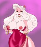 anthro areola big_breasts breasts clothed clothing female fur lips lipstick looking_at_viewer makeup nipple_dip nipples pink_body pink_fur pupils smile solo whiskers crovirus chinchilla chinchillid mammal rodent 2023 hi_res