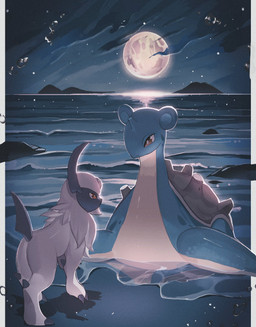ambiguous_gender blue_body butt claws duo feral flippers fur horn moon night red_eyes sea sky star starry_sky tail water white_body white_fur mmocc123 nintendo pokemon absol generation_1_pokemon generation_3_pokemon lapras pokemon_(species) 2025 digital_media_(artwork) hi_res