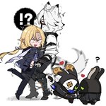 anthro blonde_hair bound bound_together embarrassed flirting group hair harness heart_symbol humanoid_pointy_ears leather leather_harness long_hair machine male male/male mask pointy_ears ponytail sashacall mihoyo zenless_zone_zero butlerboo hugo_vlad robin_(bangboo) von_lycaon bangboo canid canine canis humanoid mammal robot wolf 1:1