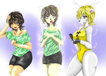 abstract_background anthro base_one_layout basic_sequence blonde_hair blue_hair bottomwear breasts brown_hair camel_toe clothed clothing female hair hoof_hands hooves human_to_anthro linear_sequence looking_at_viewer navel nipple_outline one-piece_swimsuit one_row_layout open_mouth pants shirt solo species_transformation standing surprised swimwear three_frame_image three_frame_sequence topwear transformation transformation_sequence sukaretto deer human mammal 2011 sequence