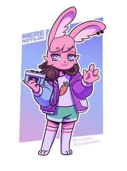 anthro blue_eyes bottomwear carrot clothing ear_piercing electronics eyeliner fluffy_ears food fur gradient_background headgear headphones headphones_around_neck headset jacket knee_highs legwear listening_to_music makeup male music_player musician oversized_clothing oversized_topwear piercing pink_body pink_fur plant rabbit_ears relaxed_expression relaxing shorts simple_background solo topwear vegetable winter_clothing minabon mere_notilde mere_notilde_(character) humanoid lagomorph leporid mammal rabbit hi_res
