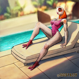 anthro big_breasts breasts clothing female light navel nipple_outline nipples non-mammal_breasts non-mammal_navel non-mammal_nipples one-piece_swimsuit poolside seductive sitting solo sunlight swimwear thick_thighs eggstazzy spies_in_disguise lovey_(spies_in_disguise) avian bird columbid pigeon 1:1 absurd_res hi_res