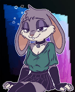 abstract_background anthro bottomwear breasts choker cleavage clothed clothing curvy_figure female gloves gradient_background half-closed_eyes handwear jewelry legwear looking_at_viewer narrowed_eyes necklace outline simple_background sitting skirt smile smug solo sweater thigh_highs topwear ircluzar violet_bunny lagomorph leporid mammal rabbit colored digital_media_(artwork) hi_res pixel_(artwork) shaded