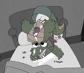 after_sex autofellatio bodily_fluids cum cum_in_mouth cum_in_own_mouth cum_in_self cum_inside cum_on_face cum_on_own_face cum_on_self curled_up genital_fluids hat_in_ass male masturbation oral oral_masturbation penile penile_masturbation shoulder_stand solo squean text upside_down argon_vile later_alligator pat_(later_alligator) alligator alligatorid crocodilian reptile scalie english_text hi_res pictographics