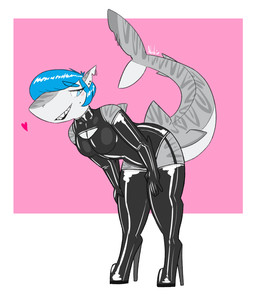 anthro armwear bent_over black_latex blue_eyes blue_hair boots breasts clothing elbow_gloves female footwear gloves green_body hair handwear heart_symbol high_heeled_boots high_heels latex legwear shoes smile solo tail thigh_boots thigh_highs abbihors abbi_(abbihors) aquatic fish shark 2019 digital_media_(artwork) trans_(lore) trans_woman_(lore)
