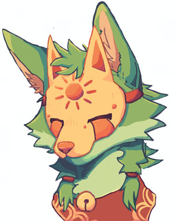accessory anthro bell blind calm clothing disability eyes_closed fur green_body green_fur hair_accessory hair_tie kerchief male mask paint painted_mask red_bandana red_clothing red_nose red_paint red_sun solo sun aziel14041985 ri_hu_(aziel14041985) canid canine fox mammal warm_colors