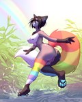 anthro areola blue_areola blue_eyes blue_nipples blue_pawpads breasts butt female genitals hair markings medium_breasts multicolored_markings multicolored_tail nipples on_one_leg outside pawpads plant pussy rainbow rainbow_markings rainbow_tail raining shrub solo splash standing tail wet_hair ackee stormbreak border_collie canid canine canis collie domestic_dog herding_dog mammal pastoral_dog sheepdog 2024 absurd_res digital_media_(artwork) hi_res