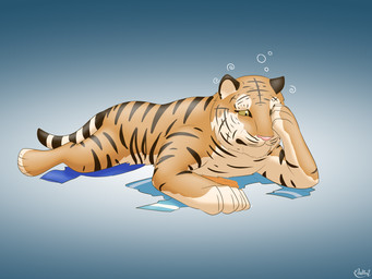 after_transformation ambiguous_gender clothing countershade_feet countershading feet feral hungover looking_down lying on_front pink_nose simple_background solo striped_body stripes torn_clothing diethyl felid mammal pantherine tiger 2022 4:3 hi_res