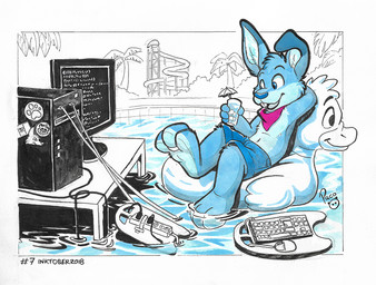 anthro beverage blue_body blue_bottomwear blue_clothing blue_eyes blue_fur blue_nose blue_shorts bottomwear clothed clothing computer computer_keyboard computer_mouse electronics floppy_ears fur hand_behind_head holding_beverage holding_object logo male monitor open_mouth open_smile pool_toy shorts smile solo topless young young_anthro young_male pandapaco lagomorph leporid mammal rabbit artist_logo signature