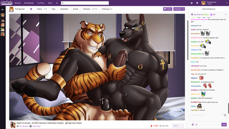 4_toes 5_fingers abs anal anal_penetration anthro anus balls bed bedroom biceps black_body black_fur black_nose black_penis blue_eyes bodily_fluids butt butt_grab camera_view chat countershading cum cum_in_ass cum_inside cum_on_leg cum_on_self duo ear_piercing erection facial_hair fangs feet fingers foreskin fur furniture genital_fluids genitals grin hand_on_butt handjob humanoid_genitalia humanoid_penis jewelry looking_at_viewer male male/male male_penetrated male_penetrating male_penetrating_male muscular nipples nude obliques open_mouth orange_body orange_fur pawpads paws pecs penetration penile penis piercing pink_nose recording retracted_foreskin scar sex sitting smile smirk spread_legs spreading stripes tattoo teeth text toes tongue tongue_out triceps dream_and_nightmare egyptian_mythology middle_eastern_mythology mythology anubis night_(dream_and_nightmare) anubian_jackal canid canine canis deity felid jackal mammal pantherine tiger 16:9 2017 english_text hi_res widescreen